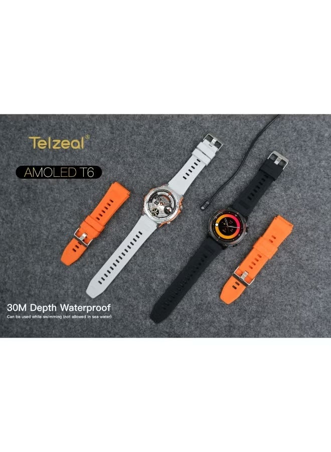 Telzeal AMOLED T6 Smartwatch with AMOLED Display – 30M Waterproof, 2 Interchangeable Straps, Magnetic Charger, Fitness & Health Tracking, Bluetooth Notifications – Silver - Image 2